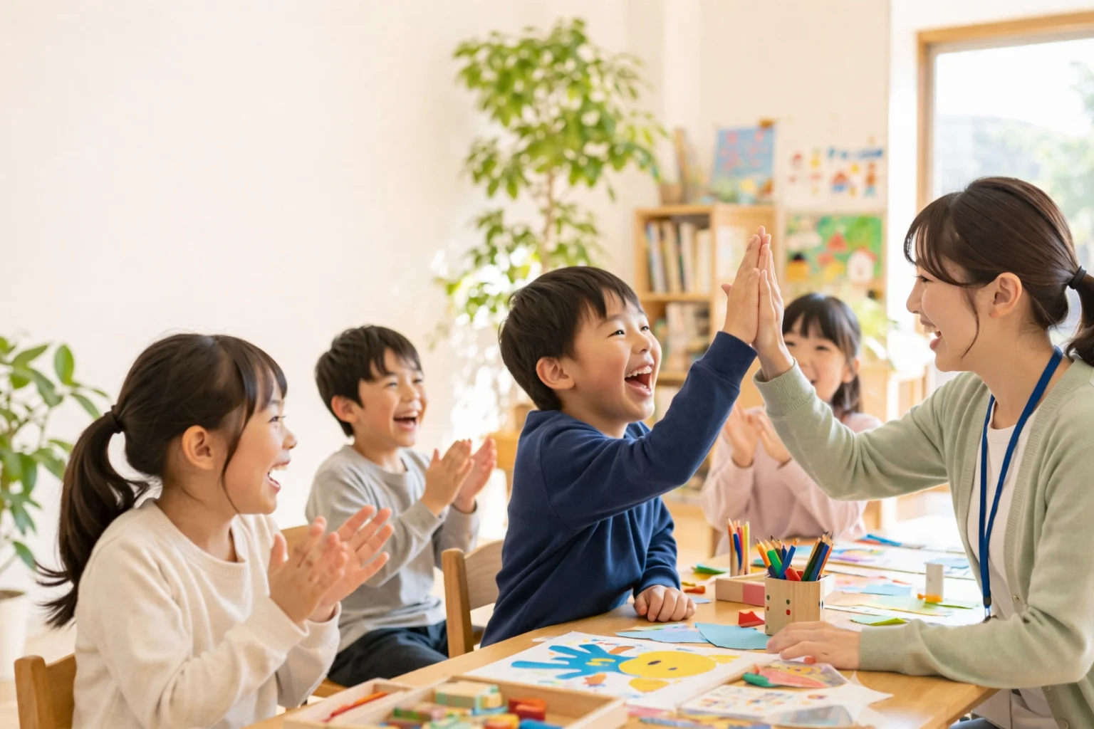 iHomeで子どもたちと先生が笑顔でハイタッチしている様子